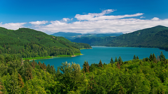Drone shot of Riffe Lake, a reservoir on the Cowlitz River in Lewis County, Washington, on a sunny day in summer.