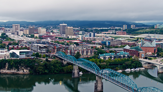 Aerial shot of Chattanooga, Tennessee on a foggy and rainy morning in Fall.