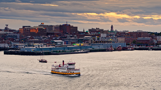 Aerial View of Ferry in the Harbor in Portland, Maine
