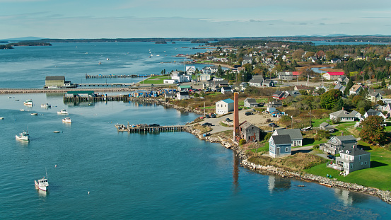 Aerial view of Jonesport, Maine on a clear sunny day.