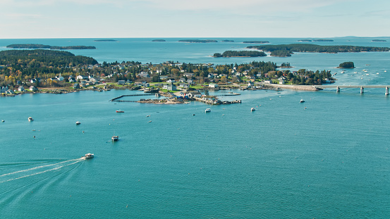 Aerial view of Beals, Maine on a clear sunny day.