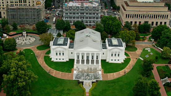 Aerial shot of Virginia state capitol building in Richmond, Virginia on an overcast day in  winter