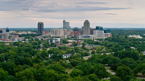 Aerial shot of Raleigh, North Carolina on a overcast afternoon