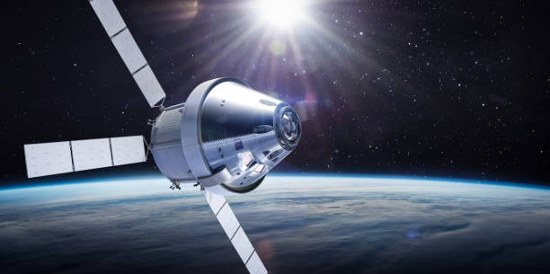Orion spacecraft flight in space on orbit of Earth. Sci-fi wallpaper. Artemis space program. Expedition to Moon. Spaceship with astronauts. Elements of this image furnished by NASA (url: https://www.nasa.gov/sites/default/files/styles/full_width_feature/public/thumbnails/image/nasa_orion_spacecraft.png https://www.nasa.gov/sites/default/files/styles/full_width_feature/public/thumbnails/image/iss063e074377.jpg)