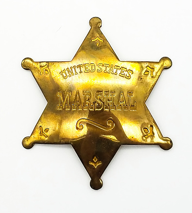 A gold Shiny sheriff's badge on a white background.