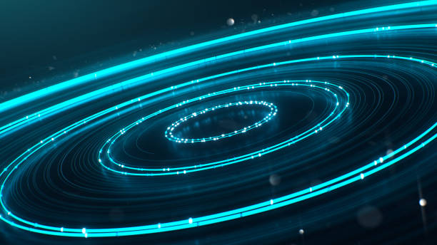 istock 3d render flying and flickering circles along the neon trajectory with glitter particles 1379598733