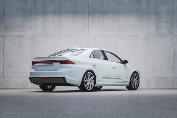 coche moderno genérico frente a la pared de hormigón - sedan fotografías e imágenes de stock