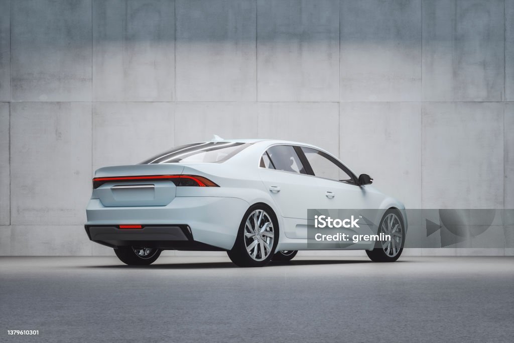 Generic modern car in front of concrete wall Generic modern car in front of concrete wall - custom car design not based on any real brand/model. Entirely 3D generated image. Car Stock Photo