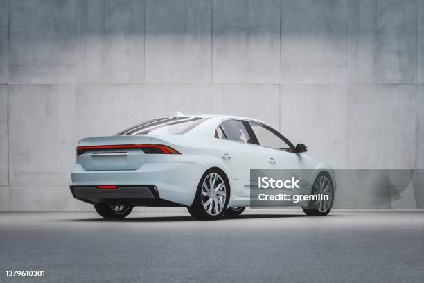 Generic Modern Car In Front Of Concrete Wall Stock Photo - Download Image Now - Car, Rear View, New