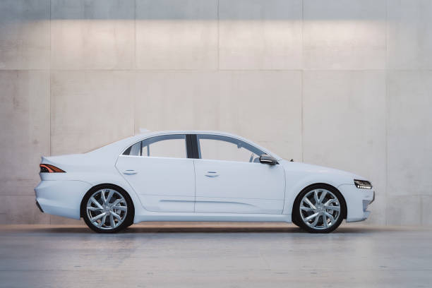 istock Generic modern car in front of concrete wall 1379610830