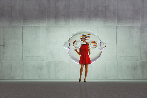 Person trapped in glass bubble - this is entirely 3D generated image.