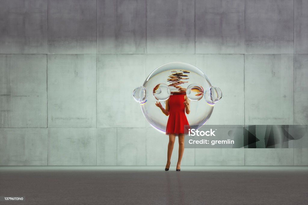 Person trapped in glass bubble Person trapped in glass bubble - this is entirely 3D generated image. Bubble Stock Photo