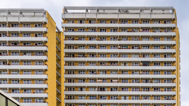Nuuk, Godthåb, Greenland, Denmark - August 19th 2024:  Modern apartment building in the arctic. The concrete residential buildings is a symbol for the modern Greenland - it is far from the old culture and points toward a modern future - but not all the residents sees it as step forward.