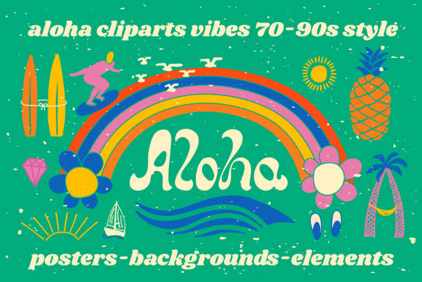 aloha surfing lettering. vector calligraphy illustration - plaj partisi stock illustrations