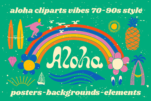Aloha lettering. Vector calligraphy illustration with rainbow. Hawaiian handmade tropical exotic t-shirt graphics. Summer apparel print design. Retro drawn sea wave, sun, spray, vintage texture