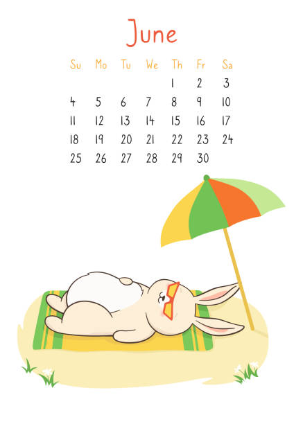 ilustrações, clipart, desenhos animados e ícones de calendário 2023 com página do calendário do coelho junho planner coelho organizador deitado no pôster guarda-chuva da praia - june calendar page personal organizer