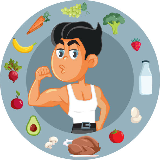 starker mann isst gesunde vektor cartoon illustration - eating body building muscular build vegetable stock-grafiken, -clipart, -cartoons und -symbole