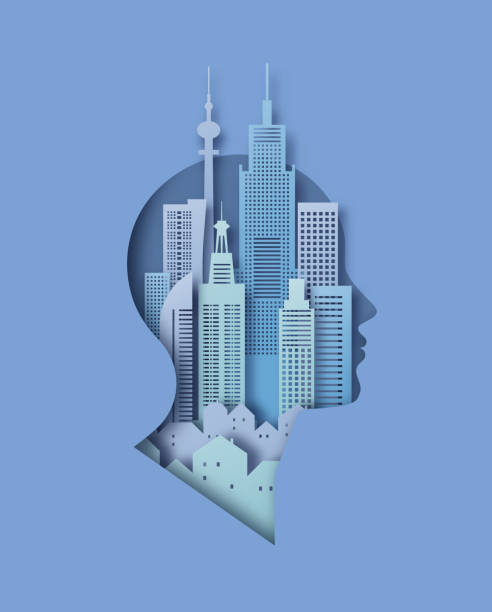 ilustrações de stock, clip art, desenhos animados e ícones de papercut man head with modern architecture city - architectural styles illustrations