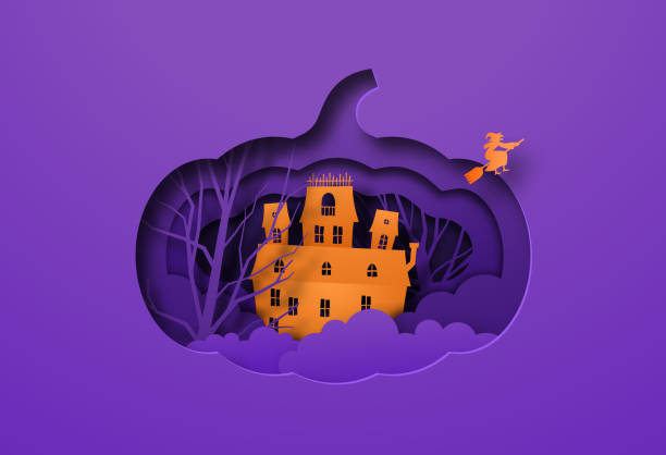 halloween papierschnitt illustration von gruseligem spukhaus - art and craft product stock-grafiken, -clipart, -cartoons und -symbole