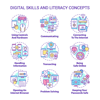 Digital literacy and skills concept icons set. Computer system. Cyberspace idea thin line color illustrations. Isolated symbols. Editable stroke. Roboto-Medium, Myriad Pro-Bold fonts used