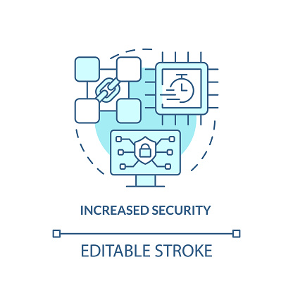 Increased security turquoise concept icon. Cryptocurrency biggest advantage abstract idea thin line illustration. Isolated outline drawing. Editable stroke. Arial, Myriad Pro-Bold fonts used
