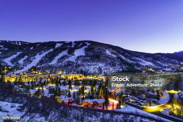 Vail Village And Lionshead Colorado Night View Stock Photo - Download Image Now - Colorado, Vail - Colorado, Winter