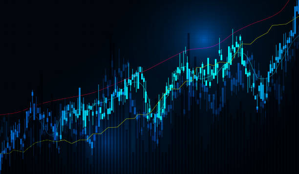 ilustrações de stock, clip art, desenhos animados e ícones de stock market graph chart and moving average on black background. vector illustration. - trading