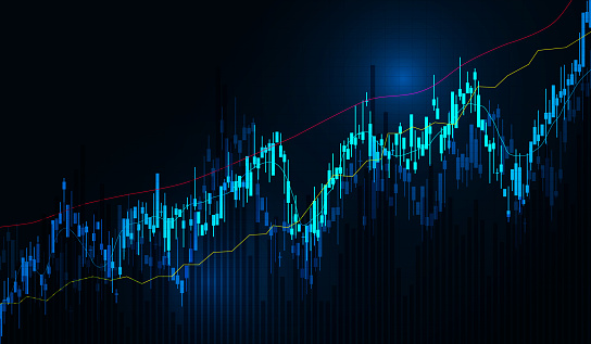 Stock market graph chart and moving average on black background. Vector illustration.