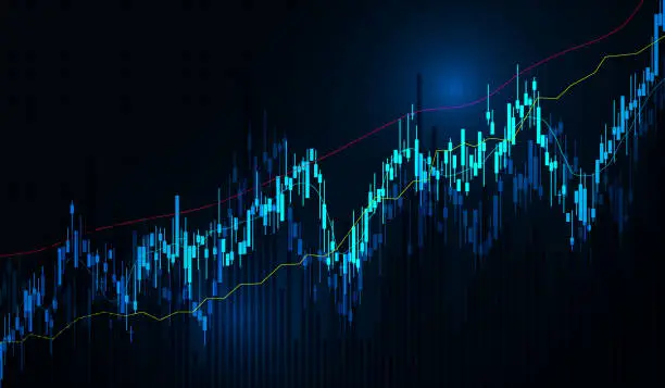 Vector illustration of Stock market graph chart and moving average on black background. Vector illustration.