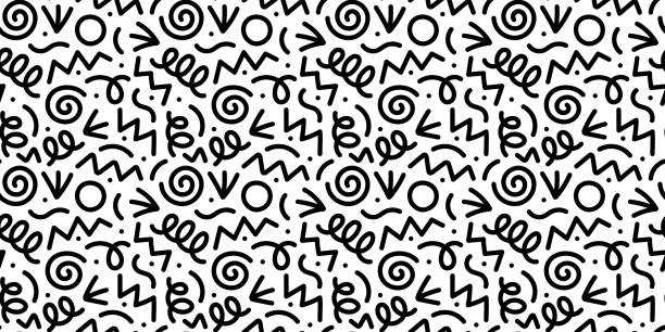 веселая черная линия doodle бесшовный узор - бесшовный узор stock illustrations