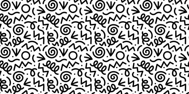 Fun black line doodle seamless pattern Fun black line doodle seamless pattern. Creative minimalist style art background for children or trendy design with basic shapes. Simple childish scribble backdrop. fun stock illustrations