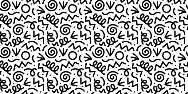 Fun black line doodle seamless pattern Fun black line doodle seamless pattern. Creative minimalist style art background for children or trendy design with basic shapes. Simple childish scribble backdrop. doodle vector stock illustrations