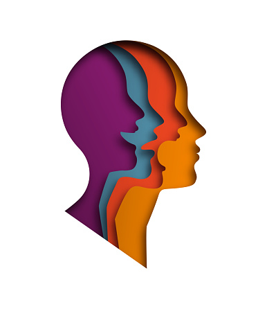 Paper cut layered human head with different emotions inside. Colorful papercut man silhouette laughing, angry and sad on isolated background for mood swing or feeling expression concept.