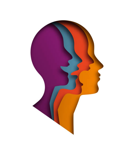 Paper cut layered human head Paper cut layered human head with different emotions inside. Colorful papercut man silhouette laughing, angry and sad on isolated background for mood swing or feeling expression concept. bipolar disorder stock illustrations