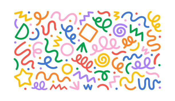 ilustraciones, imágenes clip art, dibujos animados e iconos de stock de divertido conjunto de formas de garabatos de líneas coloridas - confeti