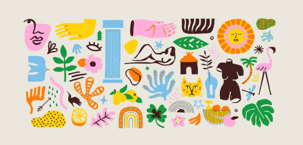 Set of trendy doodle and abstract nature icons Set of trendy doodle and abstract nature icons on isolated background. Colorful summer collection, unusual organic shapes in freehand 1960s art style. Includes people, floral art and texture bundle animal stickers stock illustrations