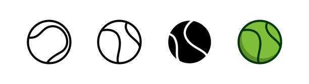 테니스 볼 아이콘 디자인 요소, 윤곽 스타일과 플랫 스타일 - 테니스공 stock illustrations