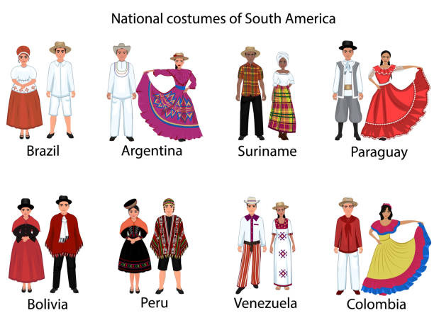 ilustraciones, imágenes clip art, dibujos animados e iconos de stock de trajes nacionales de sudamérica. trajes folclóricos femeninos y masculinos de brasil, argentina, perú, venezuela, paraguay, uruguay, surinam, bolivia, colombia. ilustración vectorial - traditional clothing