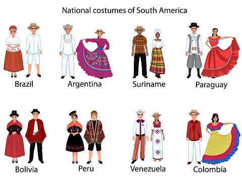 National costumes of South America. Women's and men's folk costumes of Brazil, Argentina, Peru, Venezuela, Paraguay, Uruguay, Suriname, Bolivia, Colombia. Vector illustration