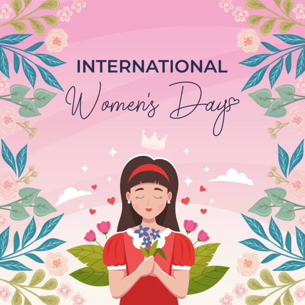 międzynarodowy dzień kobiet, 8 marca, szczęśliwy dzień kobiet z kobiecą postacią trzymającą kwiat izolowany na kwiatowym różowym tle. - heart shape pink background cartoon vector stock illustrations