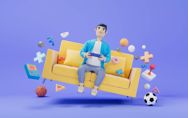 ソファでゲームをしている漫画の男、3dレンダリング。 - home interior entertainment sofa men ストックフォトと画像