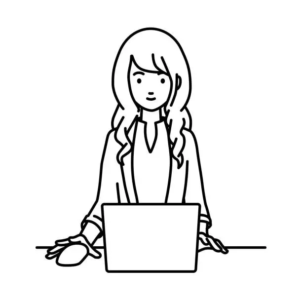 Vector illustration of a woman in work jacket style using laptop computer at her desk