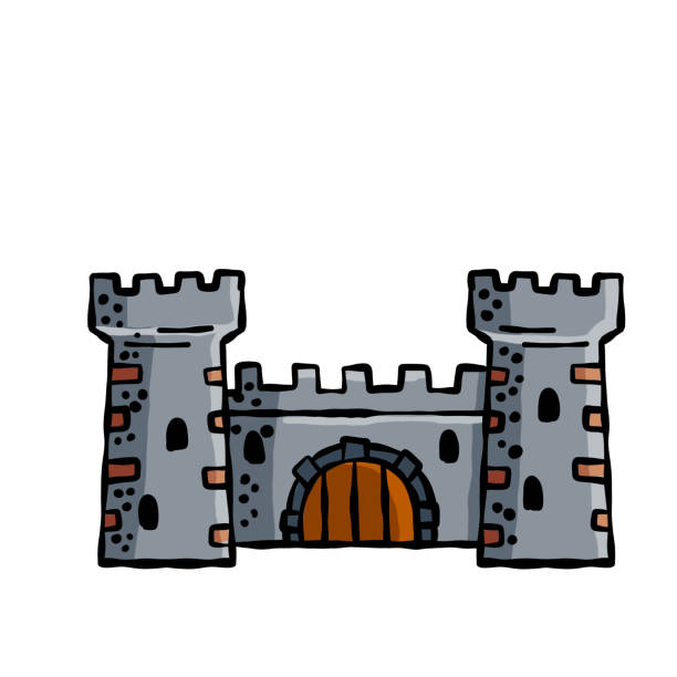 средневековый замок. каменный рыцарь или королевская крепость с башней. военный старый форт. эскиз наброска мультяшного городка - castle fort gate fantasy stock illustrations