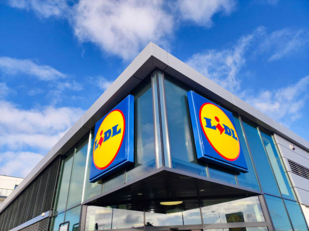Emblems or signs of Lidl supermarket. Lidl is a German international discount retailer chain. stock photo