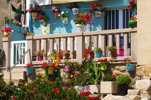 A Guarda, Pontevedra province, Spain- June 30, 2021: Apartment balcony detail seen from the street, multi colored flower pots, baluster, cheerful decoration. A Guarda, Pontevedra province, Galicia, Spain.