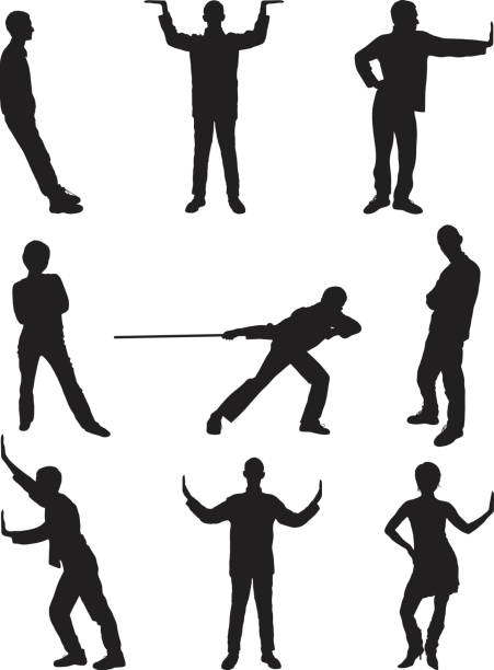 ilustraciones, imágenes clip art, dibujos animados e iconos de stock de poses útil - pushing silhouette men leaning