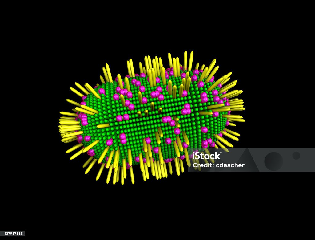 Flu Virus Computer generated virus. Could be any type but made to represent influenza with the HA and NA coat protein antigens (pink and yellow) on the surface. Green is the lipid membrane. Cold Virus Stock Photo