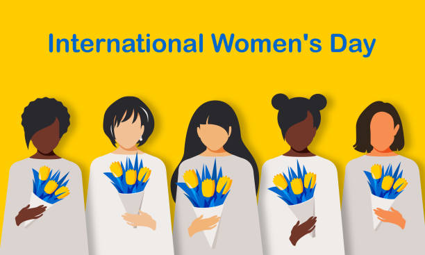 International Women's Day. Modern women of different nationalities and religions hold tulips in their hands. Horizontal yellow spring poster with people in paper cut style. International Women's Day. Modern women of different nationalities and religions hold tulips in their hands. Horizontal yellow spring poster with people in paper cut style. silhouette mother child crowd stock illustrations