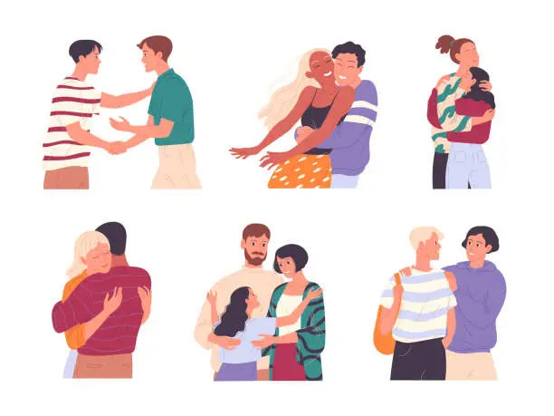Vector illustration of Set of happy young people hugging each other