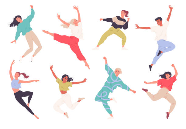 ilustraciones, imágenes clip art, dibujos animados e iconos de stock de bailarines. grupo de jóvenes alegres bailando. - music women disco joy
